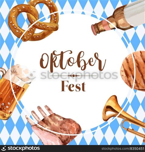 Oktoberfest frame with feast, celebration, alcohol, steak, beef design watercolor illustration 