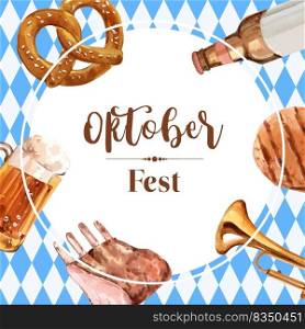 Oktoberfest frame with feast, celebration, alcohol, steak, beef design watercolor illustration 