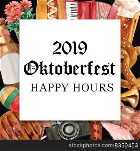 Oktoberfest  frame with happy, music, flower, percussion, bread design watercolor illustration 