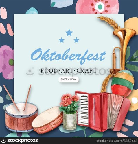 Oktoberfest frame with musical instrument, colorful flower, barley design watercolor illustration 
