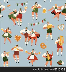 Oktoberfest. Funny cartoon characters in Bavarian folk costumes of Bavaria celebrate and have fun at Oktoberfest beer festival. Party Concept Flat Vector. Seamless pattern.. Oktoberfest. Funny cartoon characters in Bavarian folk costumes of Bavaria celebrate and have fun at Oktoberfest beer festival. Party Concept Flat Vector Illustration. Seamless pattern.