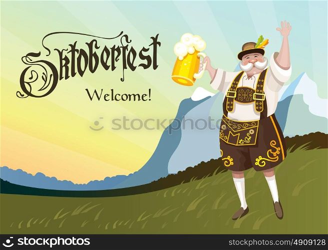 Oktoberfest. Funny German landscape in national costume with a beer.