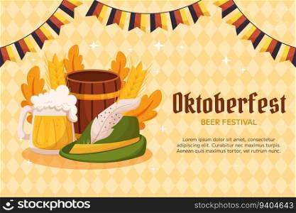 Oktoberfest German beer festival background. Design with Tyrolean hat, beer mug with foam, wooden barrel, Germany colors festive garland with flags, wheat and leaves. Light yellow rhombus pattern. Oktoberfest German beer festival background. Design with Tyrolean hat, beer mug with foam, wooden barrel, Germany colors festive garland with flags, wheat and leaves. Light yellow rhombus pattern.