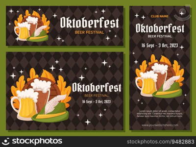 Oktoberfest German beer festival background, vertical and horizontal banner collection. Design with glass of light and dark beer, tyrolean hat and leaves. Rhombus pattern on back. Oktoberfest German beer festival background, vertical and horizontal banner collection. Design with glass of light and dark beer, tyrolean hat and leaves. Rhombus pattern on back.