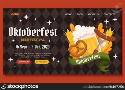 Oktoberfest German beer festival Landing template design. Design with glass of beer, pretzel and fork with sausage, wheat and leaves. Rhombus pattern on back. Oktoberfest German beer festival Landing template design. Design with glass of beer, pretzel and fork with sausage, wheat and leaves. Rhombus pattern on back.