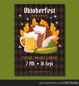 Oktoberfest German beer festival poster template. Design with glass of light and dark beer, tyrolean hat and leaves. Rhombus pattern on back. Oktoberfest German beer festival poster template. Design with glass of light and dark beer, tyrolean hat and leaves. Rhombus pattern on back.