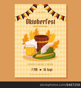 Oktoberfest German beer festival poster template. Design with Tyrolean hat, beer mug, wooden barrel, Germany colors festive garland, wheat, leaves. Light yellow rhombus pattern. Oktoberfest German beer festival poster template. Design with Tyrolean hat, beer mug, wooden barrel, Germany colors festive garland, wheat, leaves. Light yellow rhombus pattern.