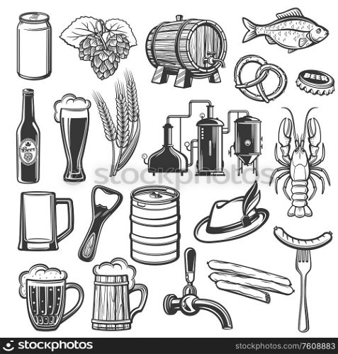 Oktoberfest German beer festival vector icons of food and traditional symbols. Bavarian craft beer in wooden barrel, bottle opener and Tyrolean hat, pint mug with froth and bratwurst sausage. Oktoberfest, German Bavarian beer festival icons