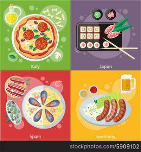 Oktoberfest germany food. Paella traditional Spanish meal with rice and seafood. Spain food concept. Italian food. Pizza with its ingredients. Japanese sushi traditional japanese food. Concept in flat design