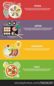 Oktoberfest germany food. Paella traditional Spanish meal with rice and seafood. Spain food concept. Italian food. Pizza with its ingredients. Japanese sushi traditional japanese food. Concept in flat design