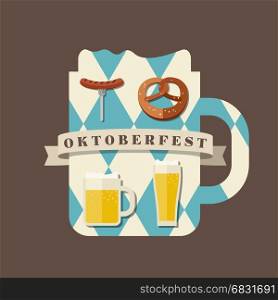 Oktoberfest icon. Oktoberfest logo concept. Silhouette mugs of beer in the colors of the Bavarian flag icons with traditional snacks for beer.
