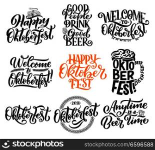 Oktoberfest lettering calligraphy for traditional Bavarian beer festival. Vector design of beer glass or pint mug with froth and pretzel ir curry wurst sausage snack for Munich brewery feast. Oktoberfest beer festival lettering calligraphy