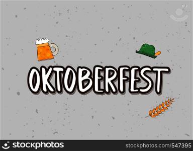 Oktoberfest lettering composition. Handwritten text with sticker beer mug decoration. Vector illustration.