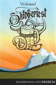 Oktoberfest. Logo, poster. Beer mug hand drawn pretzel and sausage. The background landscape.