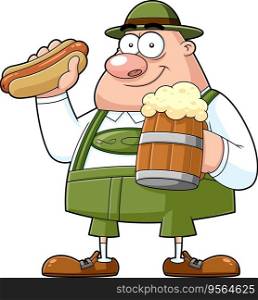 Oktoberfest Man Cartoon Character With A Mug Of Beer And HotDog. Vector Hand Drawn Illustration Isolated On Transparent Background