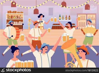 Oktoberfest party. Cartoon dancing woman, traditional bavarian fest in beer bar. Musicians and dancers, people with mugs vector illustration. Bavaria party traditional, german character musician. Oktoberfest party. Cartoon dancing woman, traditional bavarian fest in beer bar. Musicians and dancers, people with mugs vector illustration
