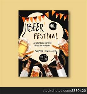 Oktoberfest poster with c&ing, food, music, brewery design watercolor illustration 
