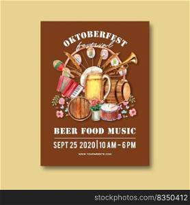 Oktoberfest  poster with food, music, beer, flowers, barley design watercolor illustration 