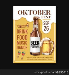 Oktoberfest poster with isolated musical instrument, beer design watercolor illustration 