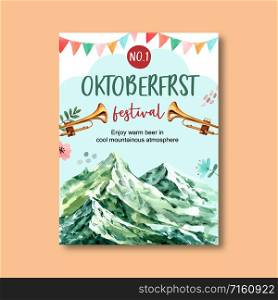 Oktoberfest poster with nature, fresh flower, mountain poster design watercolor illustration