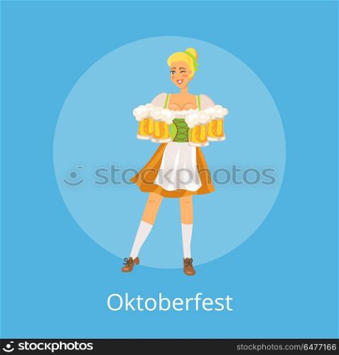 Oktoberfest Poster with Smiling German Waitress. Oktoberfest poster with smiling german waitress wearing traditional costume holding glasses of beer at festival Octoberfest on vector illustration