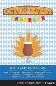 Oktoberfest Promo Poster Vector Illustration.. Oktoberfest promotional poster decorated with ribbons and symbolic images of ear of wheat, glass of pale ale tulip shape, vector illustration