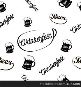 Oktoberfest seamless pattern, simple image of a glass of foamy beer, calligraphic words Oktoberfest and Beer located at a different angle and scale, vector illustration for print or website design. Oktoberfest seamless pattern