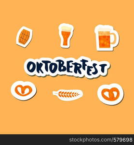 Oktoberfest set composition. Handwritten text with sticker beer mug. Vector illustration.