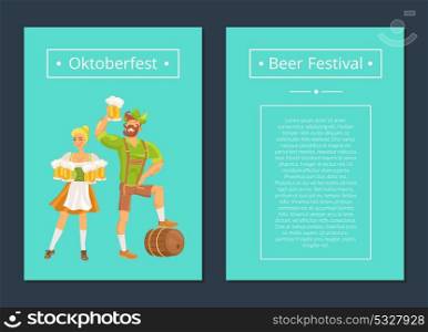 Oktoberfest Set of Posters with Man and Woman. Oktoberfest set of posters depicting bearded man and blonde woman holding beer. Vector illustration of people dressed in traditional german clothing