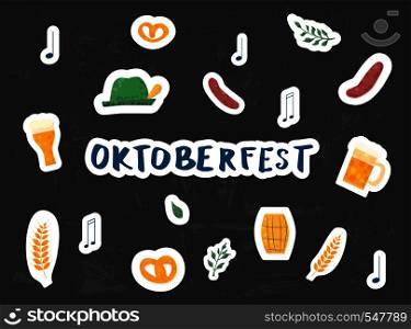Oktoberfest sticker set. Handwritten text with festival things. Vector illustration.