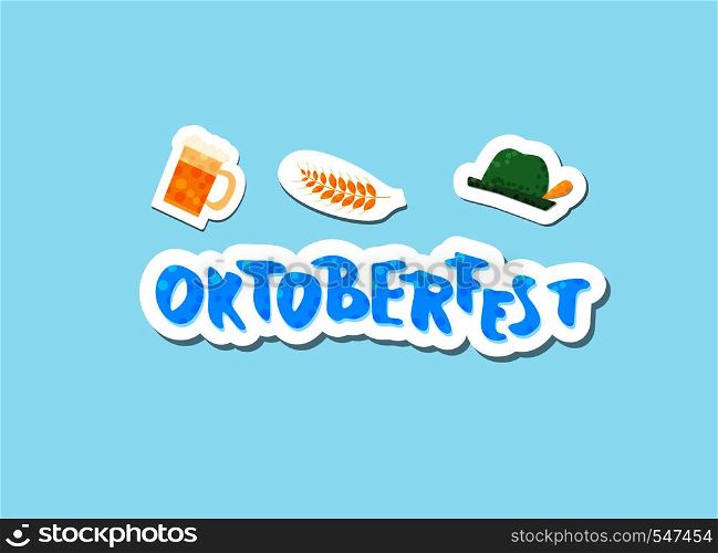 Oktoberfest stickers lettering composition. Handwritten text with beer mug decoration. Vector illustration.
