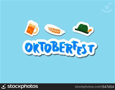 Oktoberfest stickers lettering composition. Handwritten text with beer mug decoration. Vector illustration.