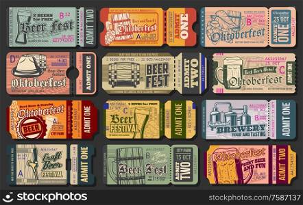 Oktoberfest ticket vector templates of beer festival entrance pass design. Craft alcohol drink glasses, bottles and barrels with taps, ale mugs and lager tankards with brewery tanks retro cards. Oktoberfest beer festival ticket templates