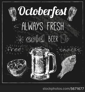 Oktoberfest traditional brewing techniques cold fresh beer with free snacks advertising black chalk board vector illustration