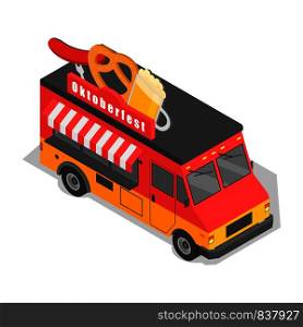 Oktoberfest truck beer and food icon. Isometric of oktoberfest truck beer and food vector icon for web design isolated on white background. Oktoberfest truck beer and food icon, isometric style