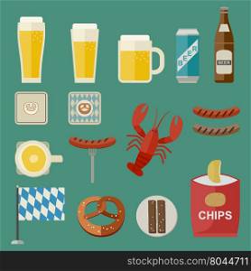 Oktoberfest vector icons with beer, sausage, brezel etc... in flat style on green background.