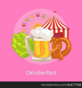 Oktoberfest Vector Illustration Food and Drinks. Oktoberfest vector illustration on pink demonstrating glass of beer, traditional bakery, attraction tents and beer symbol hop used in brewing