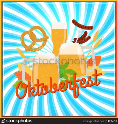 Oktoberfest vector poster banner template with beer and pretzels. Oktoberfest poster template