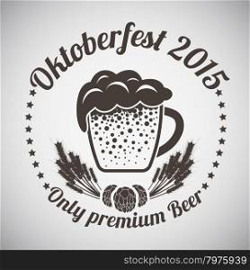 Oktoberfest Vintage Emblem. Mug of Beer With Ears of Wheat and Stars Rows. Suitable for Advertising, Fest Attributes, Pub Equipment And Other Use. Dark Brown Retro Style. Vector Illustration.