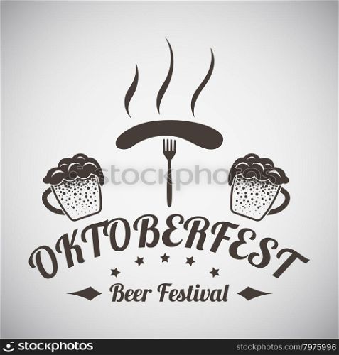 Oktoberfest Vintage Emblem. Two Mugs of Beer With Ears of Wheat and Fork With Sausage. Suitable for Advertising, Fest Attributes, Pub Equipment And Other Use. Brown Retro Style. Vector Illustration.