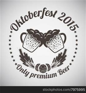 Oktoberfest Vintage Emblem. Two Mugs of Beer With Ears of Wheat and Stars Rows. Suitable for Advertising, Fest Attributes, Pub Equipment And Other Use. Dark Brown Retro Style. Vector Illustration.