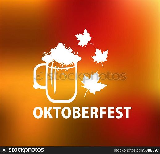 Oktoberfest white logo with beer mug and autumn leaves.Vector illustration.