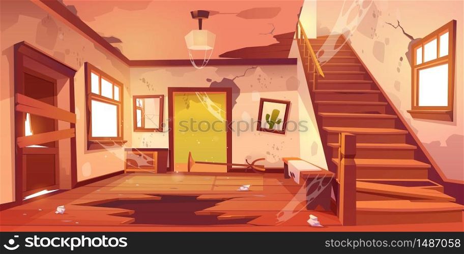 Old abandoned house with mess and broken furniture at daytime. Vector cartoon interior of empty home hallway with dirty walls, boarded up door, garbage, broken wooden staircase and crack in floor. Old abandoned house hallway at daytime