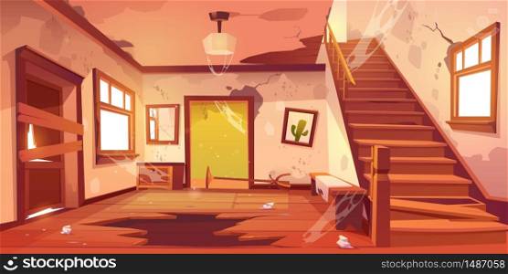 Old abandoned house with mess and broken furniture at daytime. Vector cartoon interior of empty home hallway with dirty walls, boarded up door, garbage, broken wooden staircase and crack in floor. Old abandoned house hallway at daytime