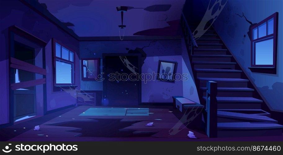Old abandoned house with mess and broken furniture at night. Vector cartoon interior of empty home hallway with dirty walls, boarded up door, garbage, broken wooden staircase and crack in floor. Old abandoned house hallway at night