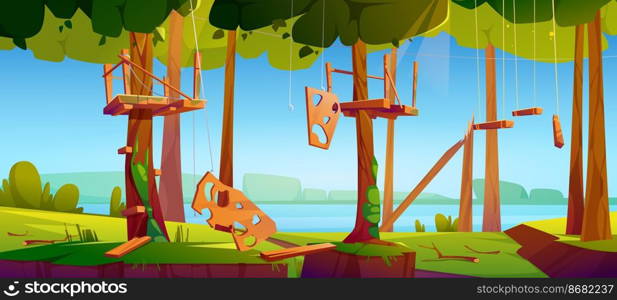 Old adventure park rope ladder illustration. Broken wooden timbers and rungs hanging on tree trunks. Vector cartoon landscape of forest on lake coast with abandoned sport rope walk extreme park. Old adventure park rope ladder illustration