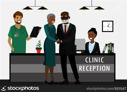 Old african american couple in clinic,reception with receptionist and doctor. cartoon flat vector illustration. Old african american couple in clinic,