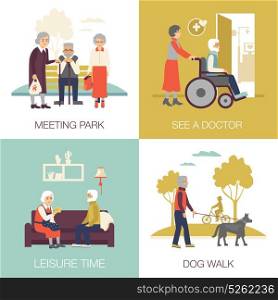 Old Age People Design Concept 2x2. Old age people in different situations design concept 2x2 flat isolated icons set vector illustration
