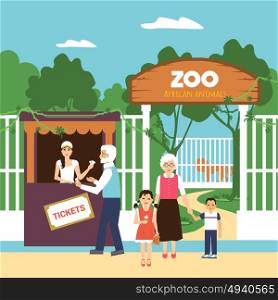 Old Age People Illustration. Old age people with grandchildren buying zoo tickets flat vector illustration