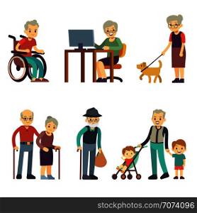 Old age people in different situations. Senior man and woman activities vector set. Old grandmother and grandfather walking illustration. Old age people in different situations. Senior man and woman activities vector set